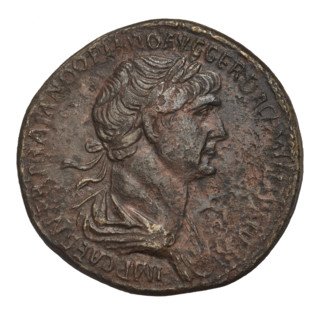 Sestertius, Trajan (53–117; Roman emperor 98–117). Obverse: head of Trajan in laurel wreath facing