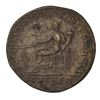 sestertius, Trajan (53–117; Roman emperor 98–117); Fortuna (personification) with horn of plenty
