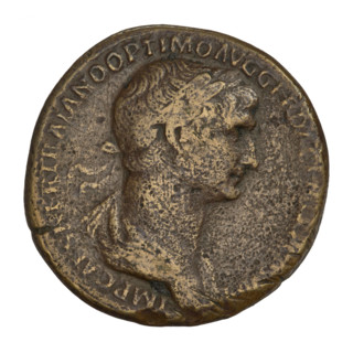 Sestertius, Trajan (53–117 CE; Roman emperor 98–117). Obverse: head of Trajan in laurel wreath