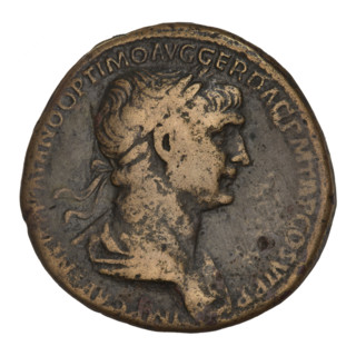 sestertius, Trajan (53–117; Roman emperor 98–117); obverse: head of Trajan in laurel wreath facing