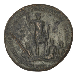 Sestertius of Trajan (53–117; Roman emperor 98–117). Obverse: bust of Trajan with laurel wreath