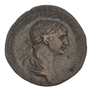 sestertius, Trajan (53–117; Roman emperor 98–117); obverse: bust of Trajan with laurel wreath