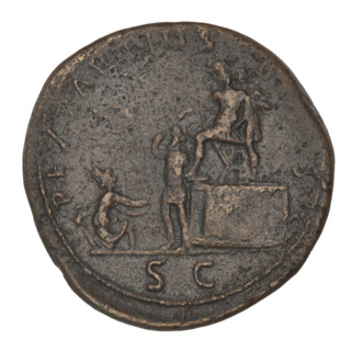 Sestertius, Trajan (53–117; Roman emperor 98–117). Obverse: bust of Trajan with laurel wreath