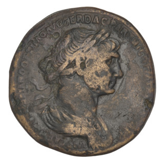 Sestertius of Trajan (53–117; Roman emperor 98–117). Bronze coin, weight 24.70 g, Roman Empire,
