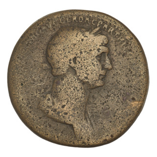Sestertius, Trajan (53–117; Roman emperor 98–117). Obverse: bust of Trajan with laurel wreath