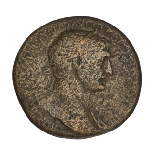 Sestertius of Trajan (53–117; Roman emperor 98–117). Obverse: head of Trajan in laurel wreath