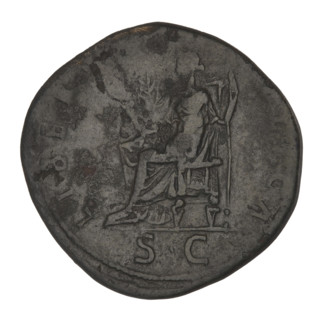 Sestertius of Hadrian (76–138; Roman emperor 117–138). Obverse: Bust of Hadrian with a laurel