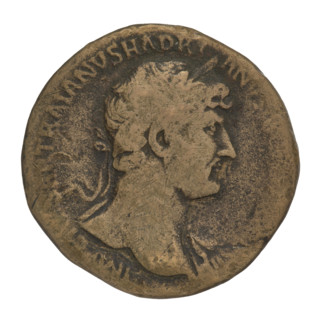 Sestertius of Hadrian (76–138; Roman emperor 117–138). Obverse: Bust of Hadrian with laurel wreath
