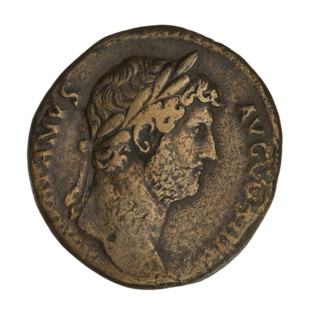 Sestertius of Hadrian (76–138; Roman emperor 117–138). Obverse: Bust of Hadrian with laurel wreath