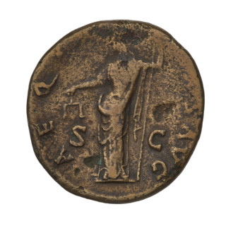 Sestertius of Hadrian (76–138; Roman emperor 117–138). Obverse: Bust of Hadrian with laurel wreath