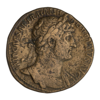 sestertius, Hadrian (76–138; Roman emperor 117–138); Ceres (mythology); branches; busts; laurel