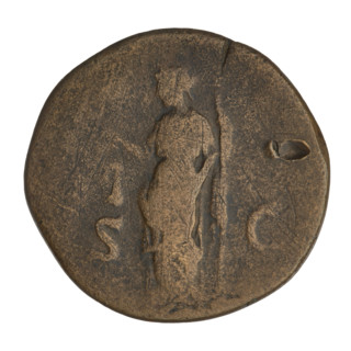 Sestertius of Hadrian (76–138; Roman emperor 117–138). Obverse: bust of Hadrian with laurel wreath