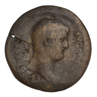 Sestertius of Hadrian (76–138; Roman emperor 117–138). Obverse: Bust of Hadrian with a laurel