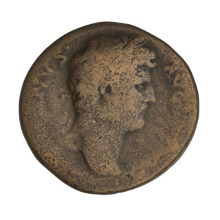 Sestertius of Hadrian (76–138; Roman emperor 117–138). Obverse: Bust of Hadrian with laurel wreath