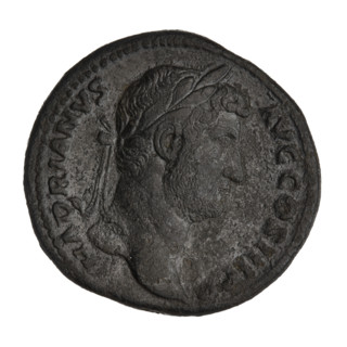Sestertius of Hadrian (76–138; Roman emperor 117–138). Obverse: Bust of Hadrian with laurel wreath