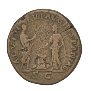 Sestertius of Hadrian (76–138; Roman Emperor 117–138). Obverse: bust of Hadrian facing right in