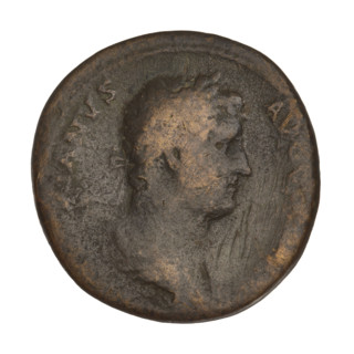 Sestertius of Hadrian (76–138; Roman Emperor 117–138). Obverse: bust of Hadrian facing right in