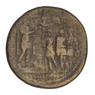 sestertius, Hadrian (76–138; Roman emperor 117–138), laurel wreaths, banners, busts, soldiers,
