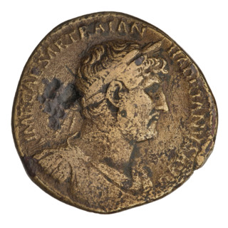 Sestertius of Hadrian (76–138; Roman emperor 117–138). Obverse: bust of Hadrian facing right