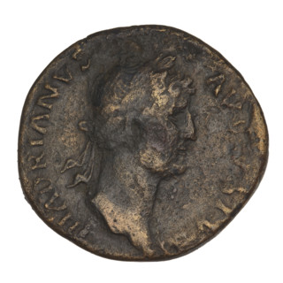 Sestertius of Hadrian (76–138 CE; Roman emperor 117–138). Obverse: laureate bust of Hadrian facing