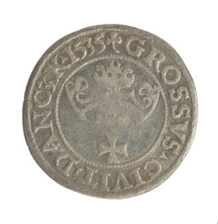 Gdansk grosz, Sigismund I the Old (King of Poland; 1506–1548). Polish coin, Jagiellon dynasty.