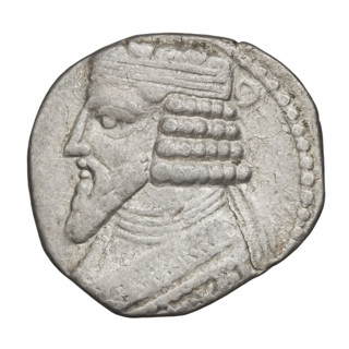 Tetradrachm of Gotarzes II (Parthian king, reign c. 40–51 CE). Obverse: bust of Gotarzes II facing