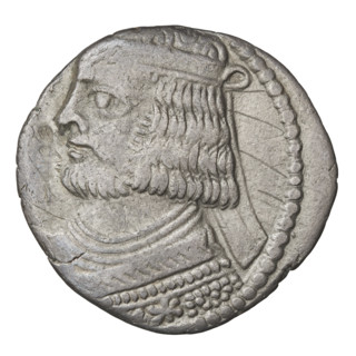 Tetradrachm of Vardanes II (55–58 CE). Obverse: bust of Vardanes II wearing a diadem, facing left.