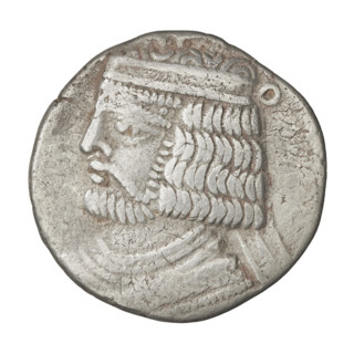 Tetradrachm of Vardanes II (55–58 CE). Obverse: bust of Vardanes II wearing a diadem, facing left.