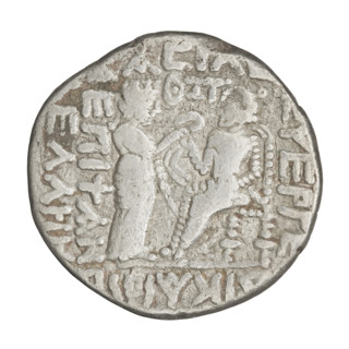 Tetradrachm of Vardanes II (55–58). Obverse: bust of Vardanes II wearing a diadem, facing left.