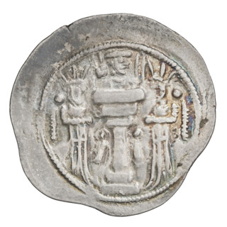 Drachma of Shapur II (ruler of Persia, 309–379). Obverse: Bust of Shapur II facing right, wearing a