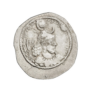 Drachma of Bahram IV (ruler of Persia, 389–399). Obverse: Bust of Bahram IV facing right, wearing a