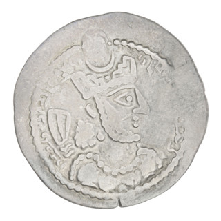 Drachma of Bahram V (ruler of Persia; 420–438). Obverse: bust of Bahram V facing right; he wears a