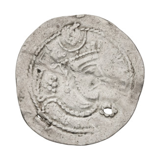 Drachma of Bahram V (ruler of Persia, 420–438). Obverse: bust of Bahram V facing right, wearing a