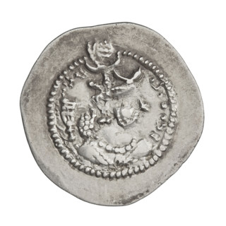 Drachma of Peroz I (ruler of Persia, 459–484). Obverse: bust of Peroz I facing right, wearing a