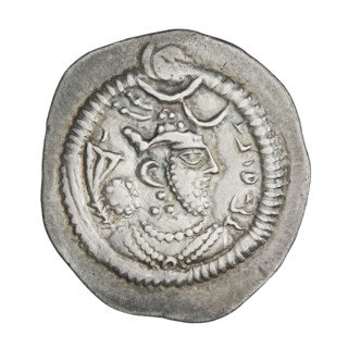 Drachma of Peroz I (ruler of Persia; 459–484). Obverse: bust of Peroz I facing right; wearing a