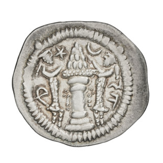 Drachma of Peroz I (ruler of Persia; 459–484). Obverse: bust of Peroz I facing right, wearing a