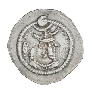Drachma of Peroz I (ruler of Persia; 459–484). Obverse: bust of Peroz I facing right, wearing a