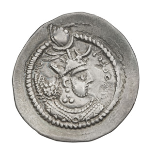 Drachma of Peroz I (ruler of Persia, 459–484). Obverse: bust of Peroz facing right wearing a crown