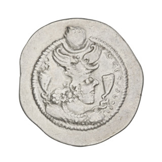 Drachma of Peroz I (ruler of Persia; 459–484). Obverse: bust of Peroz I facing right, wearing a