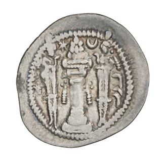 Drachma of Peroz I (ruler of Persia; 459–484). Obverse: bust of Peroz I right; he wears a crown