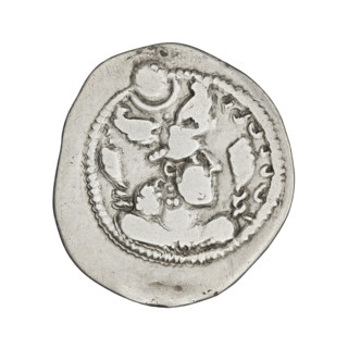 Drachma of Peroz I (ruler of Persia, 459–484). Obverse: bust of Peroz I facing right wearing a