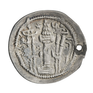 Drachma of Balashi (484–488). Obverse: bust of Balashi facing right wearing a crown with a crescent