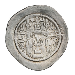 Drachma, Khosroes I Anoshirvan (ruler of Persia; 531–579). Obverse: bust of Khosroes I facing