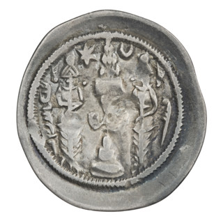 Drachma, Khosroes II Anoshirvan (ruler of Persia; 531–579). Obverse: bust of Khosroes I facing