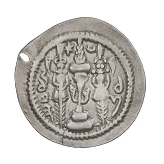 Drachma, Khosroes II Anoshirvan (ruler of Persia; 531–579). Obverse: bust of Khosroes I facing