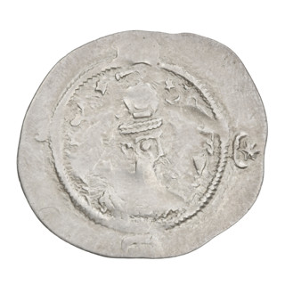 Drachma of Hormizd IV (r. 579–590). Obverse: bust of Hormizd IV facing right, wearing a crown and a