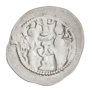 Drachma of Hormizd IV (r. 579–590). Obverse: bust of Hormizd IV facing right, wearing a crown and a