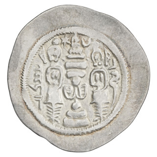 Drachma of Hormizd IV (r. 579–590). Obverse: bust of Hormizd IV facing right, wearing a crown with
