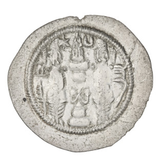 Drachma, Hormizd IV (ruler of Persia; 579–590). Obverse: bust of Hormizd IV facing right, wearing a