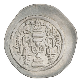 Drachma of Hormizd IV (r. 579–590). Obverse: bust of Hormizd IV facing right, wearing a crown